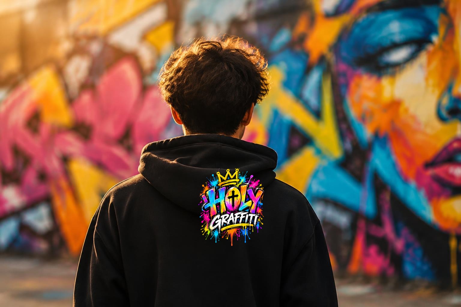 Person in a Holy Graffiti hoodie in front of a painted street-art wall